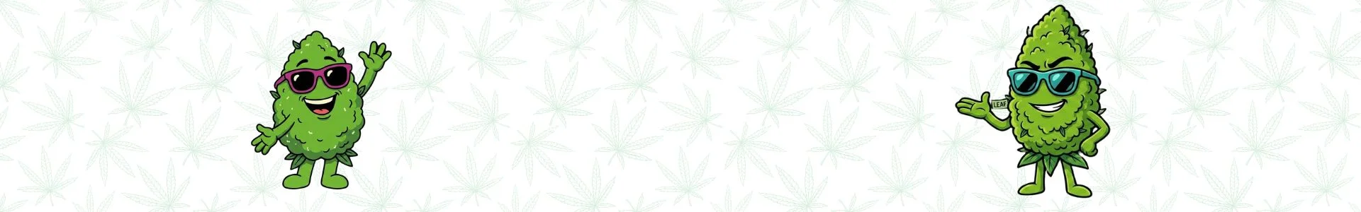 Two cartoon cannabis buds wearing sunglasses, smiling and waving on a patterned background.