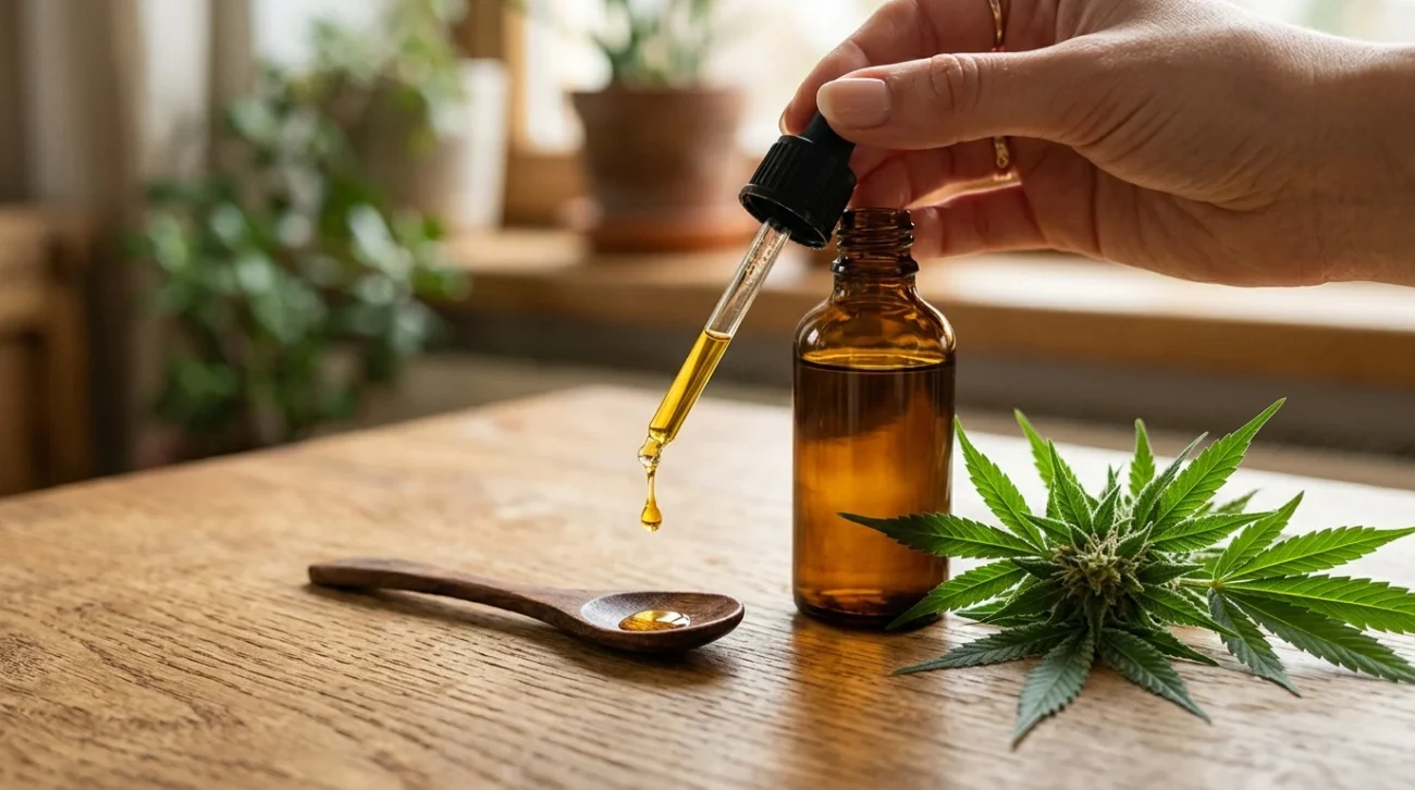 Bottiglia di vetro ambrato con contagocce che rilascia gocce di olio CBG dorato su legno naturale