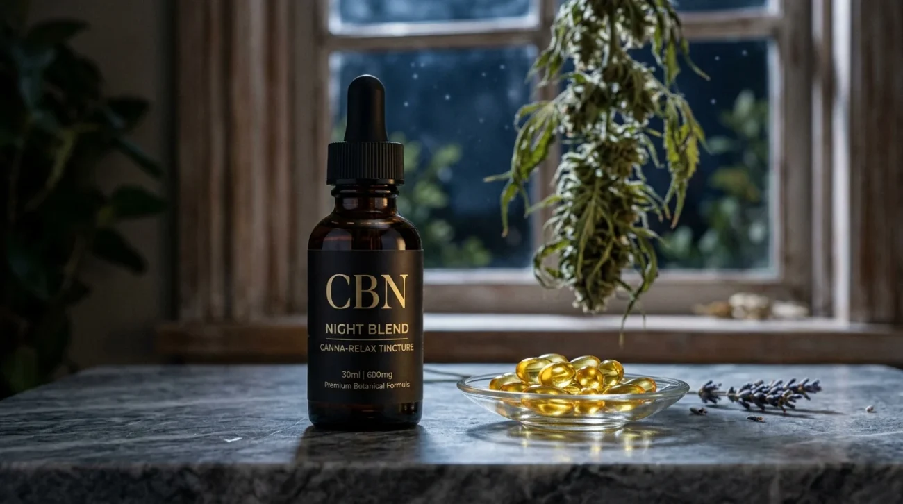 Bottiglia elegante di vetro ambrato con etichetta CBN, capsule softgel dorate su marmo bianco con mezzaluna dorata sullo sfondo