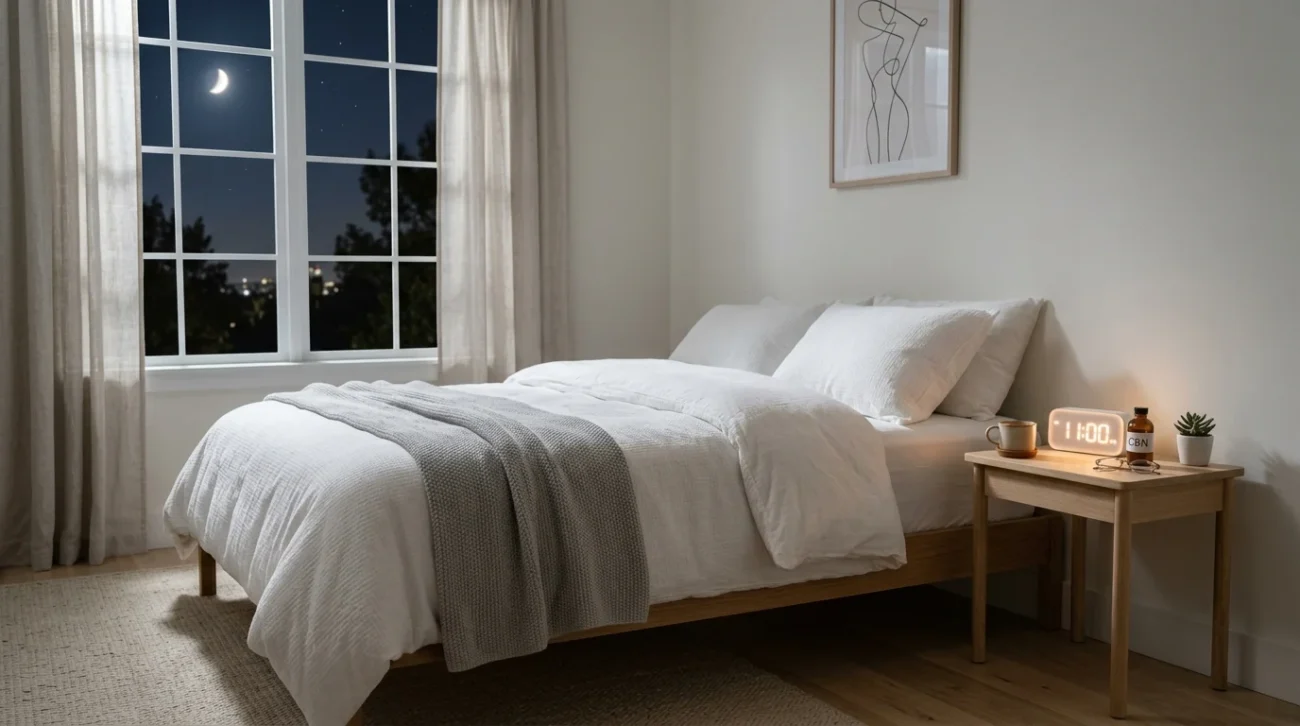 Camera da letto minimalista con letto bianco, luce lunare dalla finestra, bottiglia CBN sul comodino accanto a sveglia che segna le 23:00