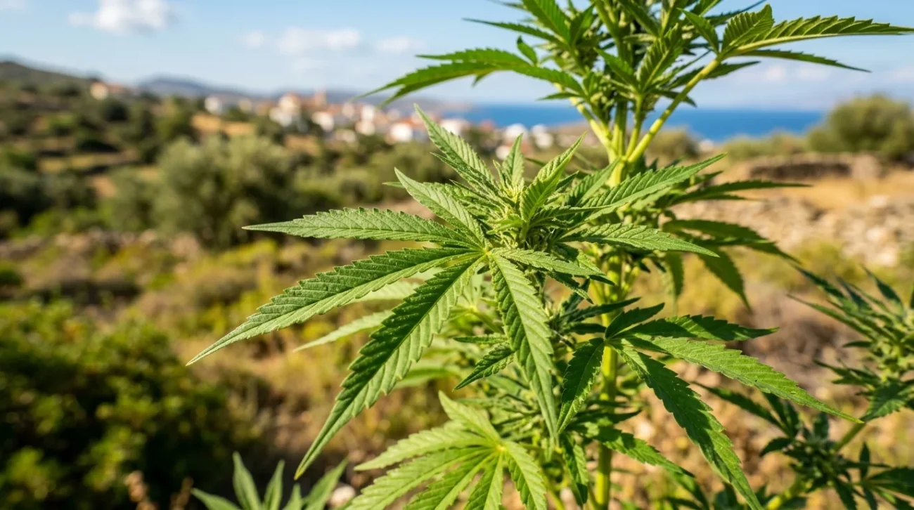 Primo piano di foglie di canapa cannabis verde all'aperto nella campagna mediterranea greca