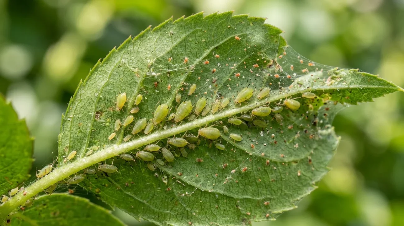 Primo piano di foglie di pianta con afidi e acari visibili, fotografia macro naturalistica