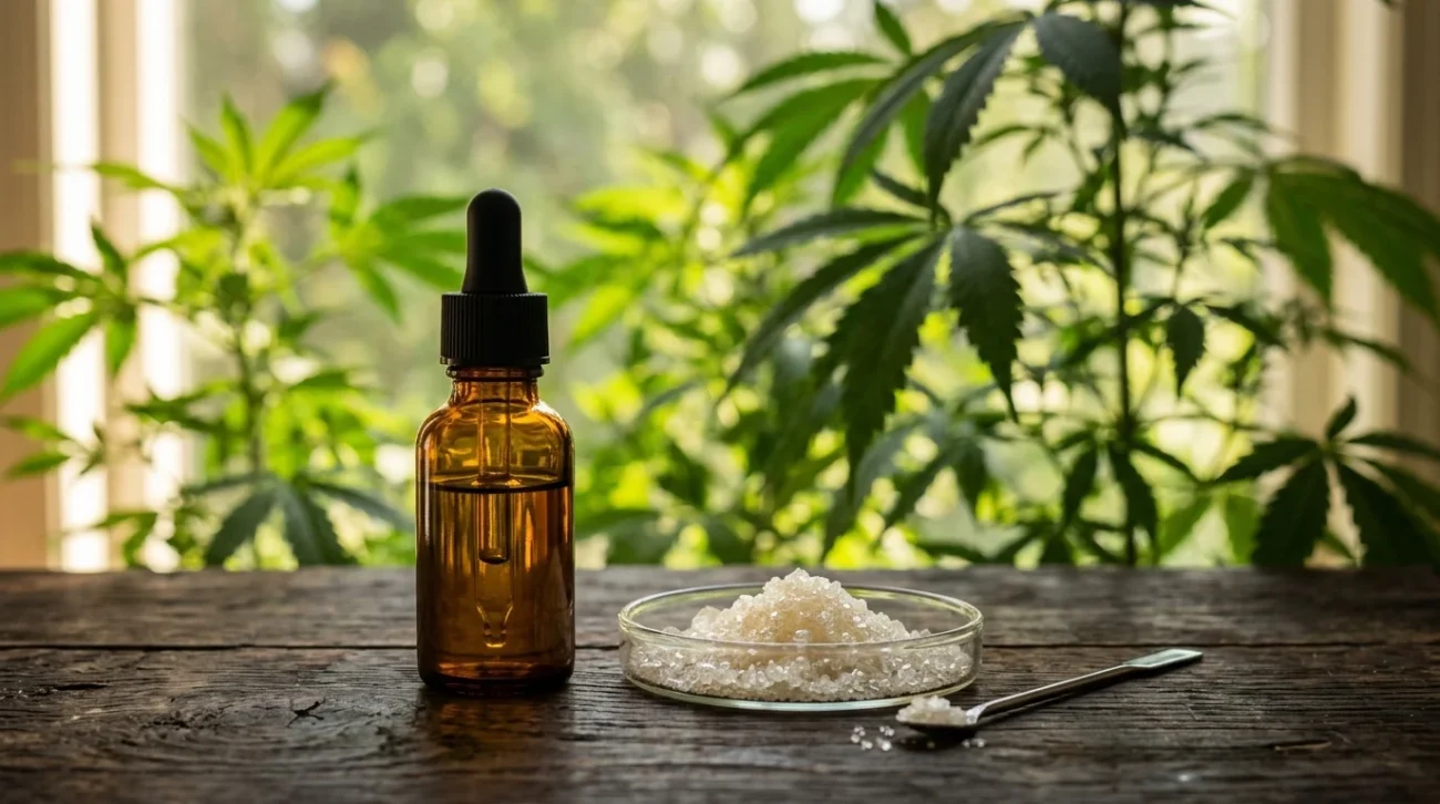 Cristalli trasparenti di CBG cannabigerolo e olio in bottiglia su superficie di legno scuro con pianta di cannabis