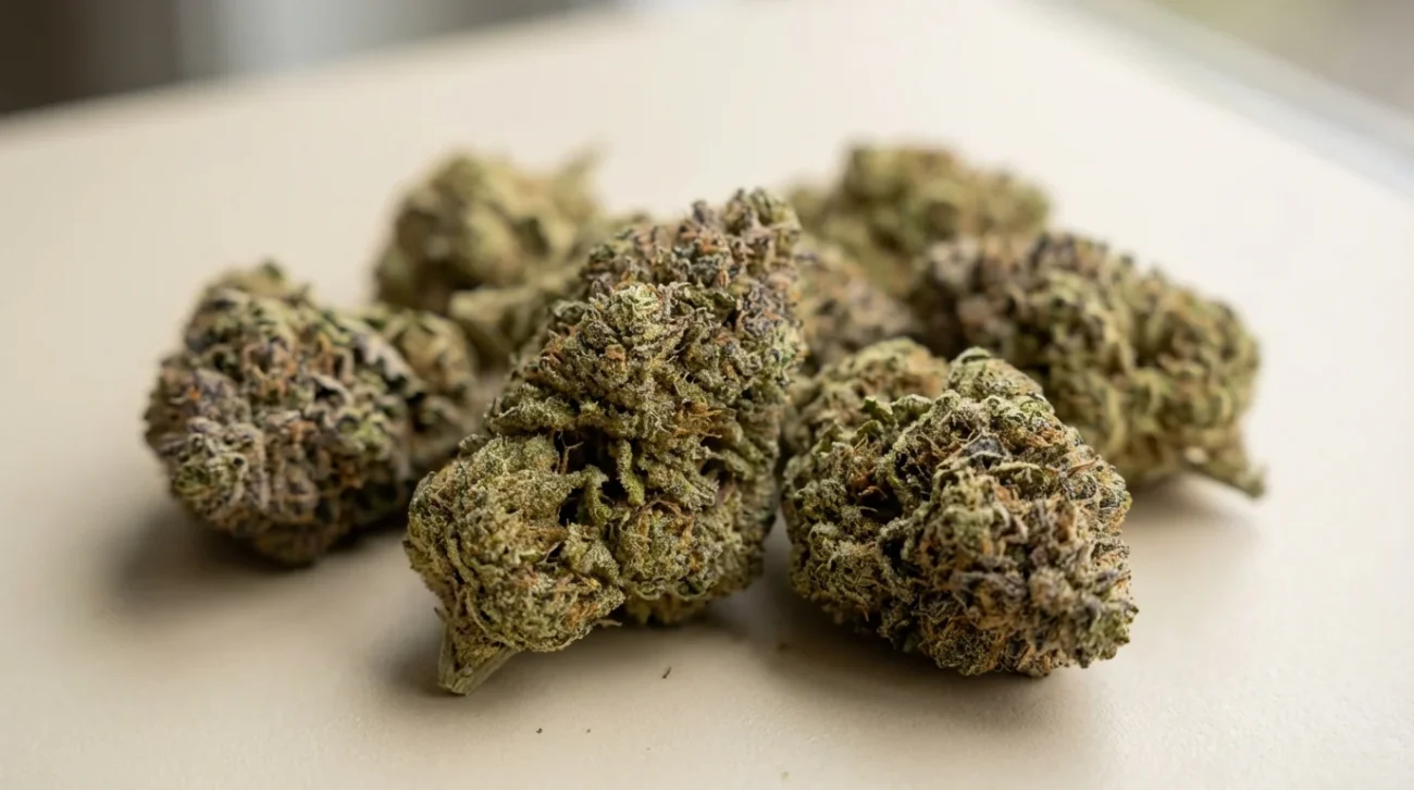 Fiori di cannabis essiccati su sfondo neutro, fotografia professionale di prodotto