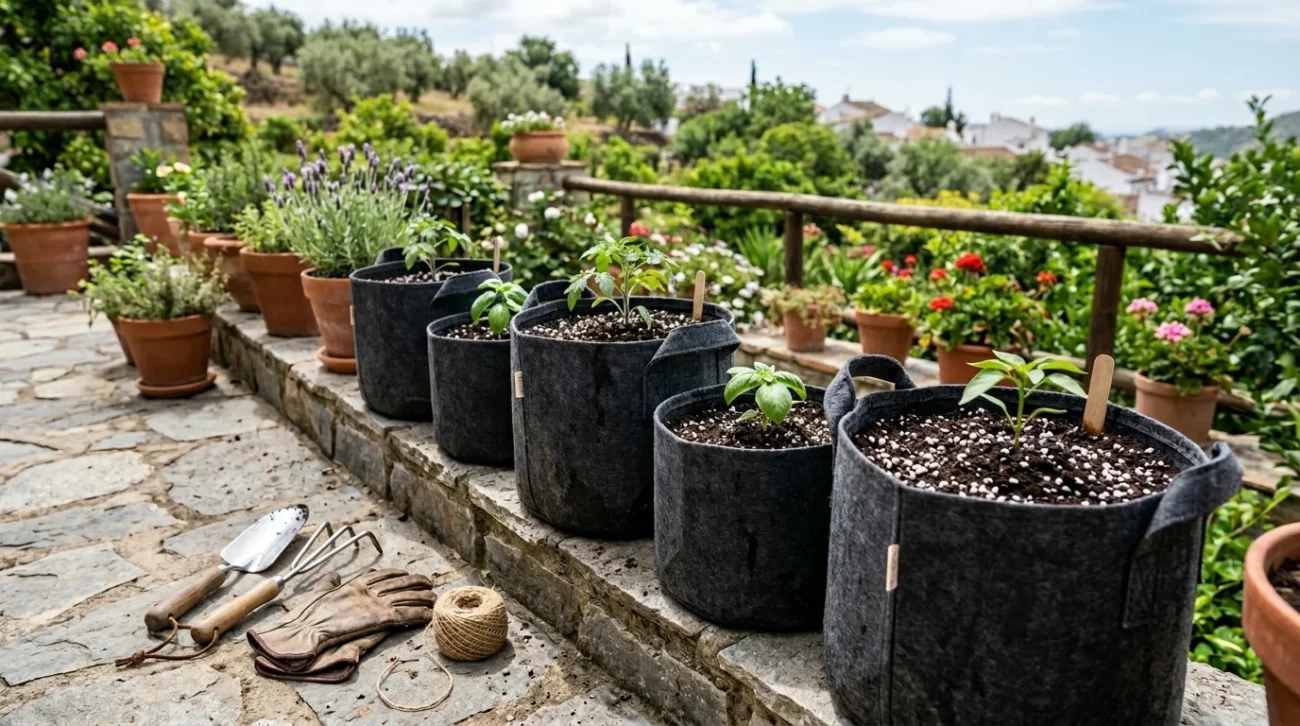 Fabric pot in tessuto riempiti di substrato ricco con perlite per coltivazione cannabis outdoor