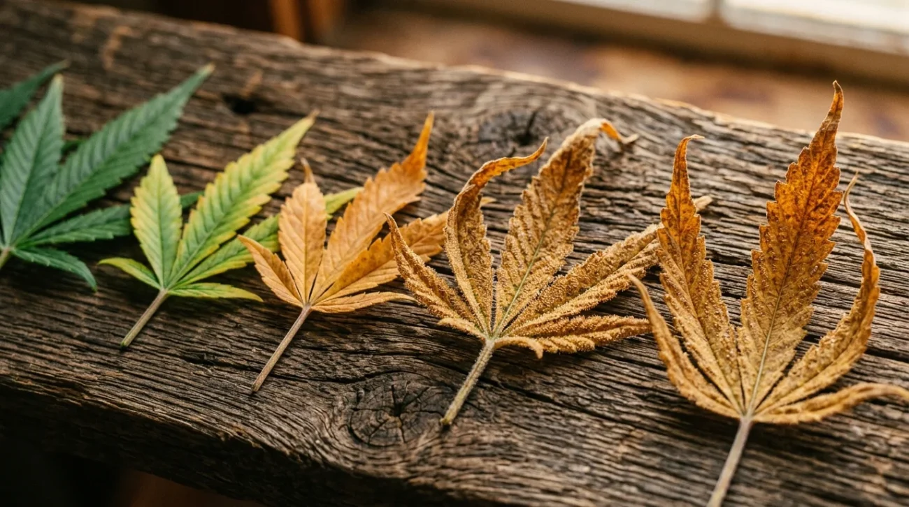 Foglie di cannabis che invecchiano su legno rustico, transizione dal verde al marrone dorato con dettagli macro dei tricomi maturi