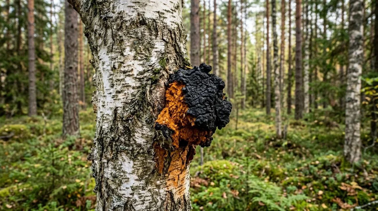 Fungo Chaga su corteccia di betulla con interno arancione visibile, foresta nordica sullo sfondo