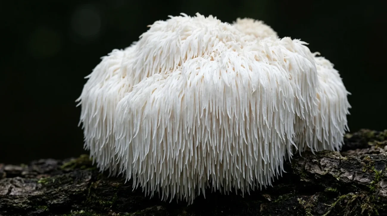 Fungo Hericium erinaceus bianco con spine penzolanti su sfondo scuro, aspetto simile a una criniera di leone