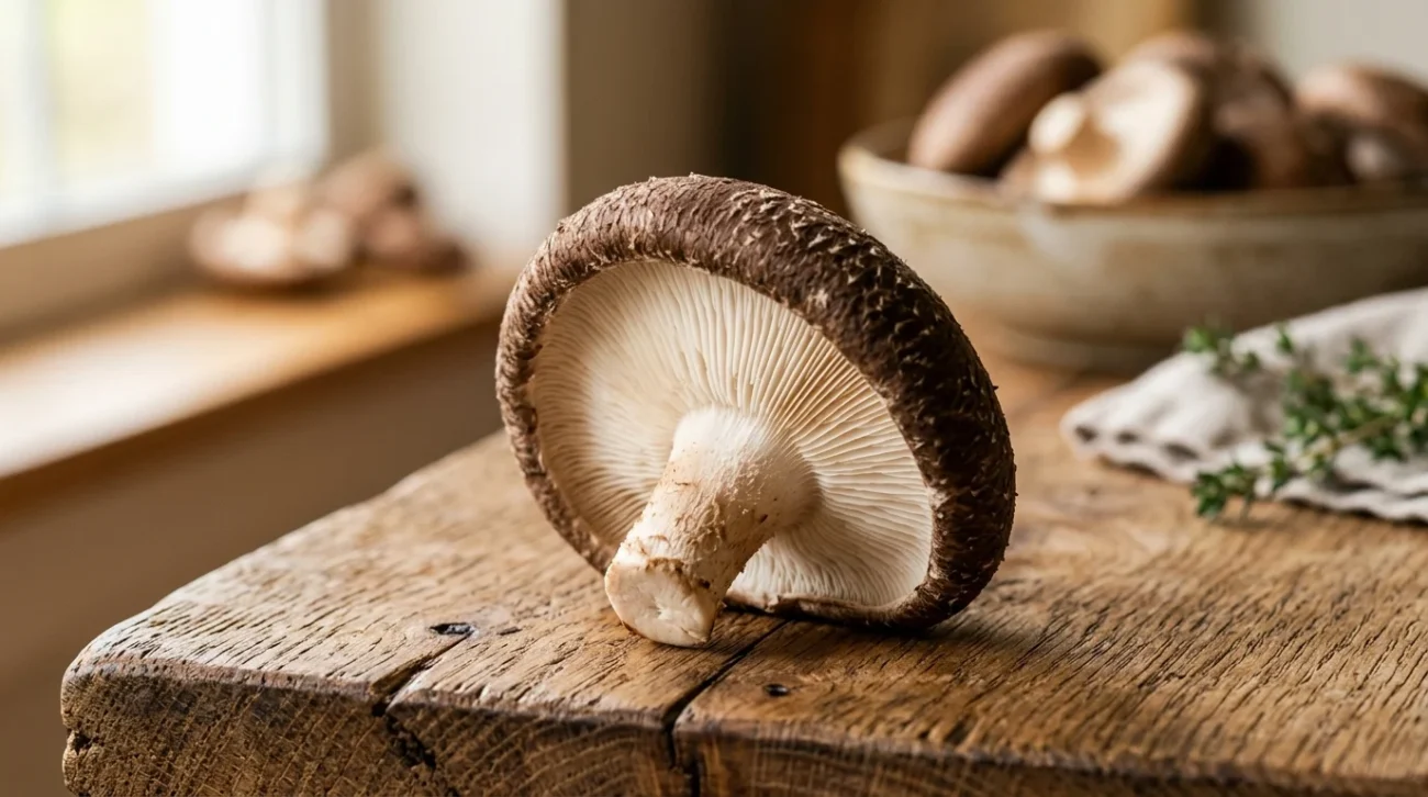 Fungo Shiitake fresco su superficie di legno naturale con cappello marrone e lamelle bianche visibili