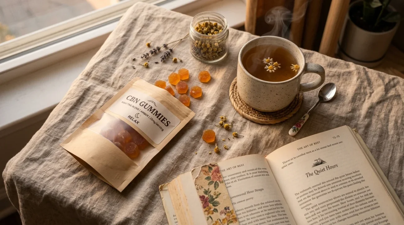 Gummies trasparenti color ambra con scritta CBN sulla confezione, tazza di camomilla fumante e libro aperto su lino beige