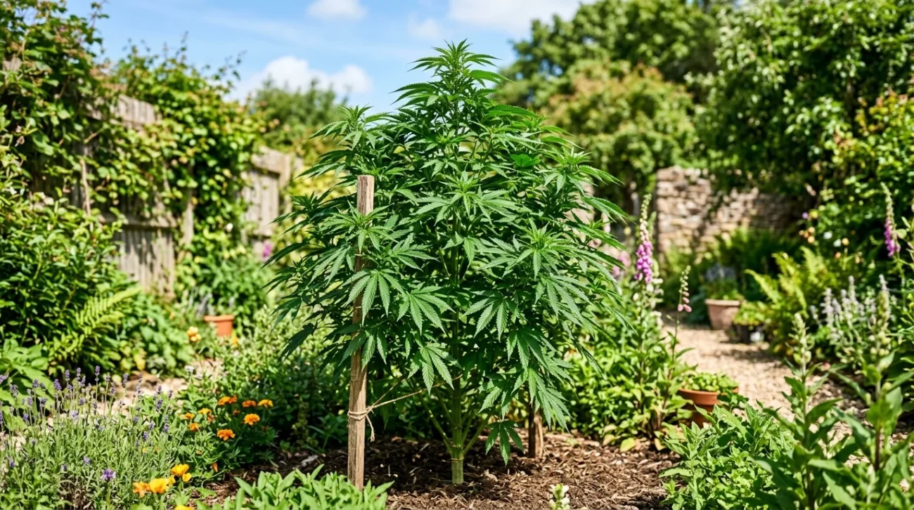 Pianta di cannabis outdoor sana e matura in piena crescita vegetativa sotto il sole primaverile