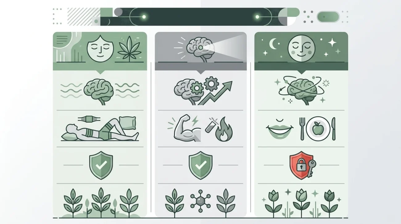 Infografica minimal che compara le differenze tra CBD, CBG e THC con simboli grafici