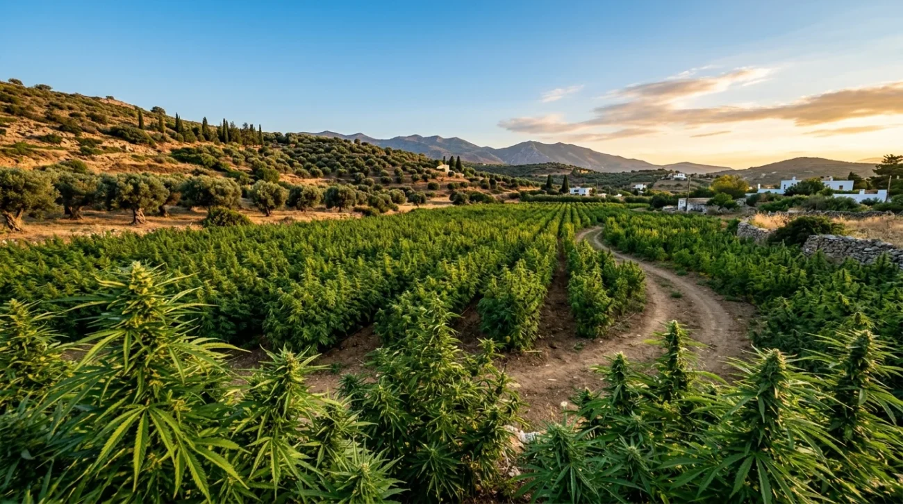 Vasto campo di canapa cannabis in Grecia con paesaggio mediterraneo e cielo azzurro