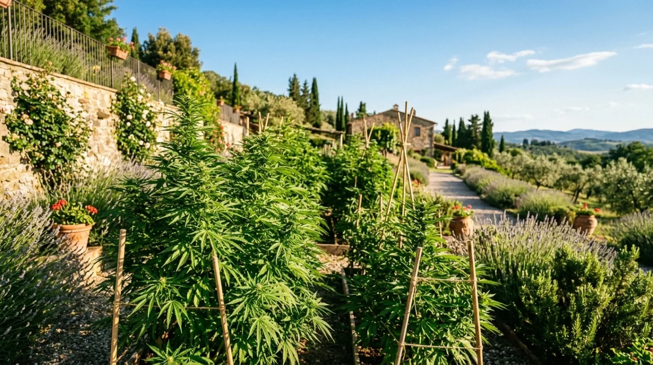 Piante di cannabis outdoor rigogliose in primavera con luce solare dorata e foglie verdi