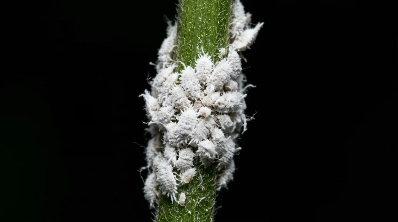 Cochenilles farineuses sur une tige végétale, enrobage cireux blanc clairement visible
