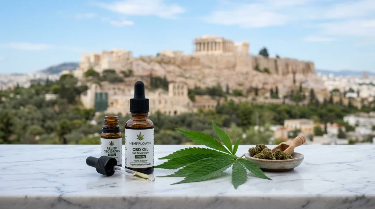 Foglie di cannabis medico e flaconi di olio CBD su superficie in marmo con Acropoli di Atene sullo sfondo