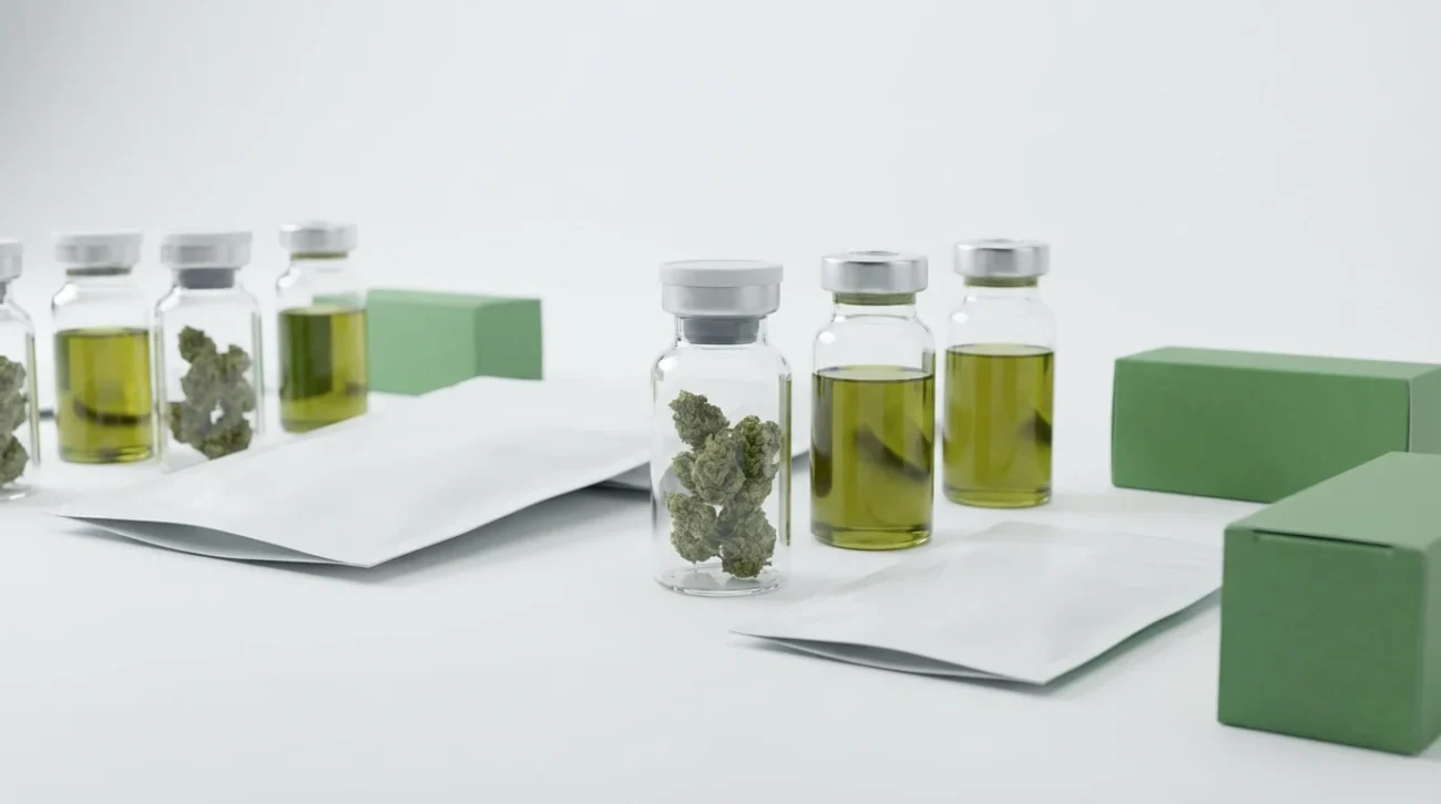 Packaging di cannabis medicinale e flaconi di vetro su superficie da laboratorio