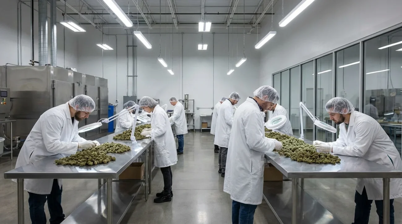 Impianto moderno di lavorazione cannabis con operatori in camice bianco