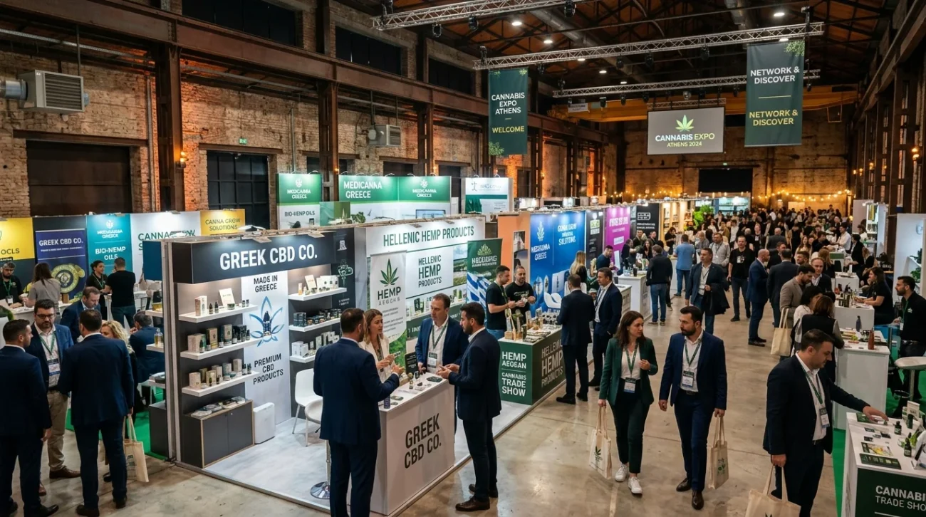 Moderno salone professionale del cannabis ad Atene Grecia con stand di prodotti CBD e networking professionale