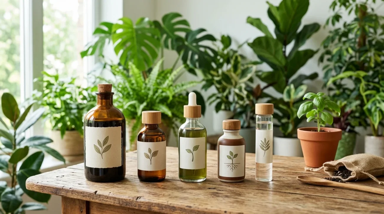 Flaconi di fertilizzanti organici e nutrienti su tavolo in legno con foglie verdi sullo sfondo