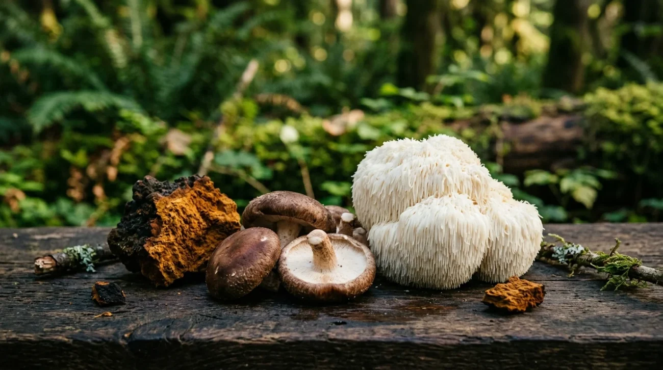 Shiitake, Hericium erinaceus e Chaga funghi medicinali su superficie di legno scuro con luce naturale calda