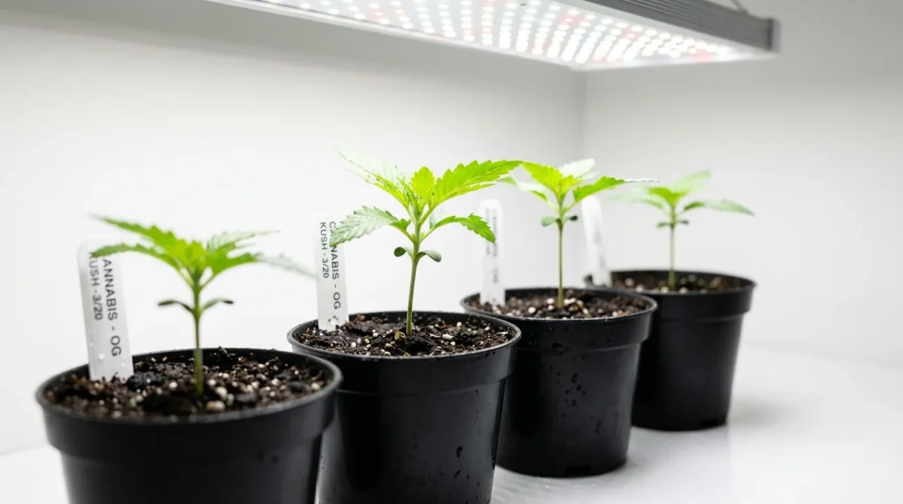 Piantine di cannabis in vasetti sotto lampada LED in fase di germinazione indoor