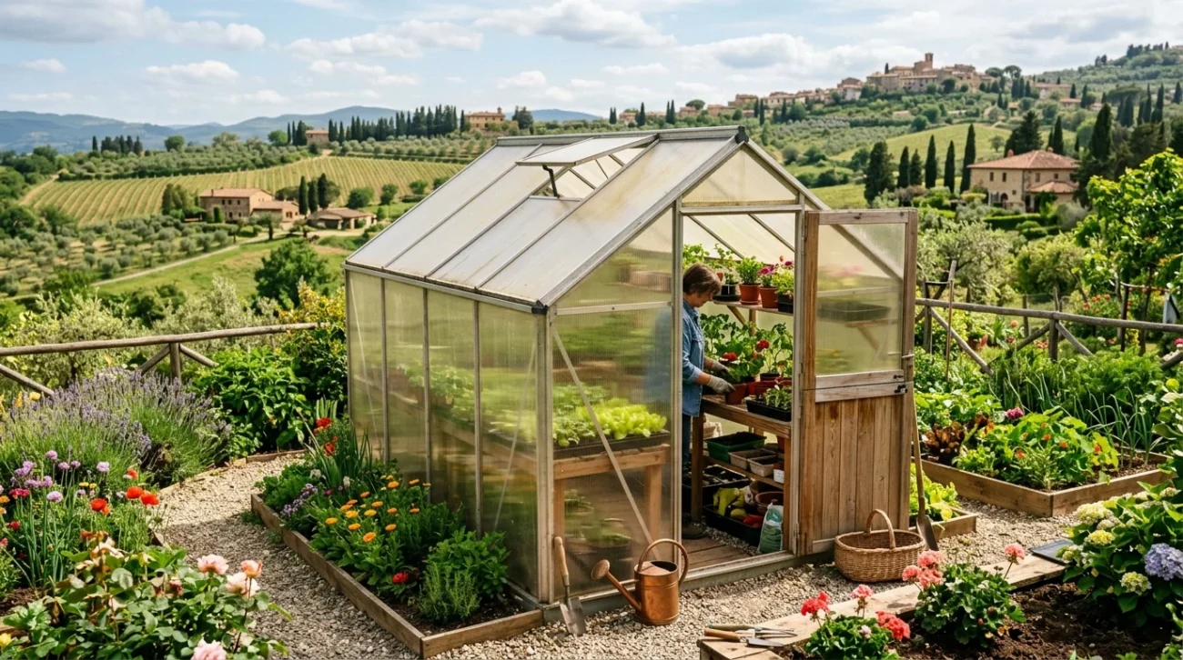 Piccola serra in policarbonato in giardino primaverile con piante verdi all'interno e luce solare