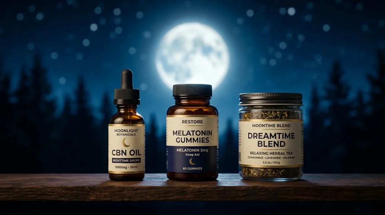 Tre prodotti allineati su sfondo blu notte: bottiglia CBN, bottiglia melatonina e tisana rilassante con luna piena sullo sfondo