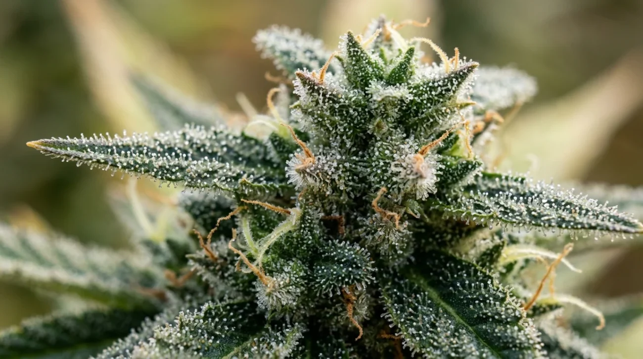 Tricomi di cannabis ricoperti di resina su infiorescenza verde con dettaglio cristalli trasparenti