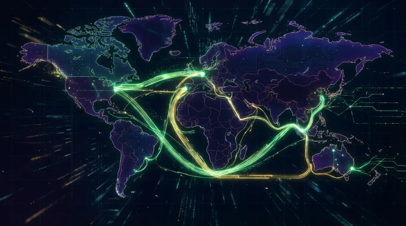 Mappa mondiale con rotte commerciali che collegano il Canada a Germania, Australia e Portogallo