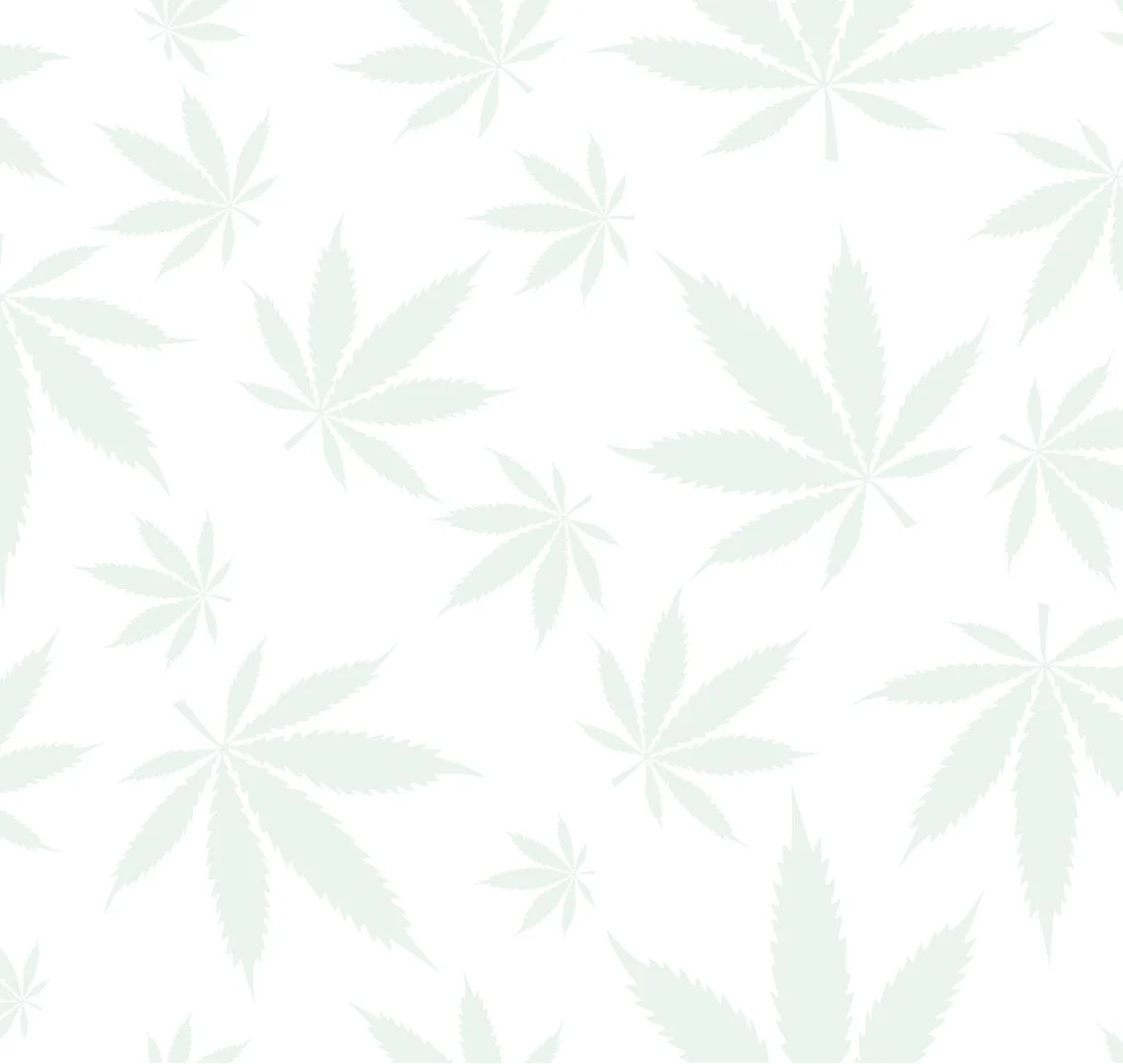 Decorative pale mint cannabis leaf pattern on a white background.