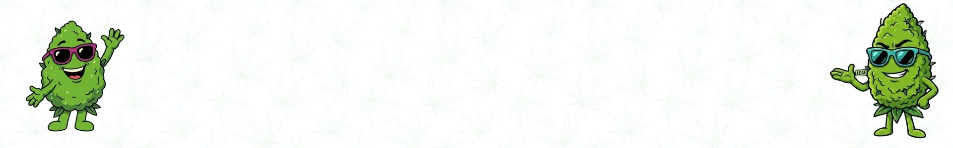 Two cartoon marijuana leaves with sunglasses waving from opposite sides across a light patterned background.