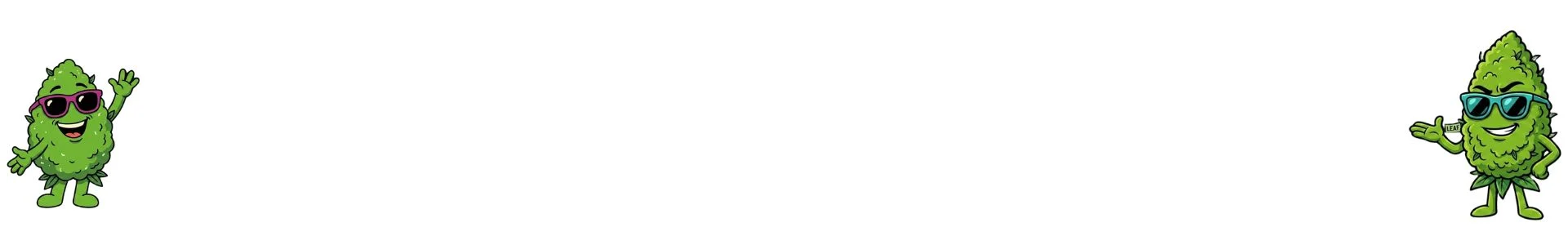 Two green cartoon leafy mascots wearing sunglasses, one waving on the left and one giving a thumbs-up on the right (decorative banner).