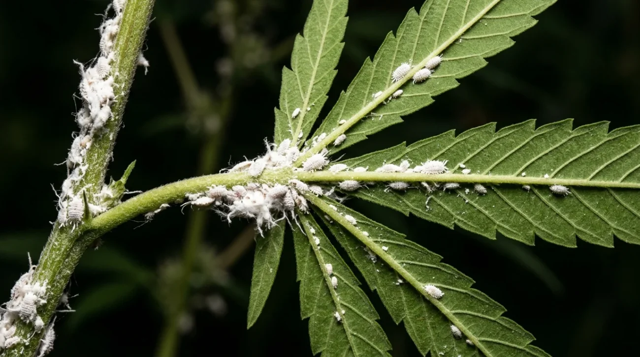 Close-up of a green plant stem and serrated leaves covered with white mealybugs.