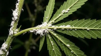 Close-up of a green plant stem and serrated leaves covered with white mealybugs.