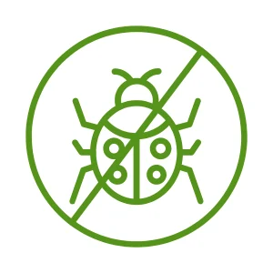 No pests symbol: a green ladybug inside a circle with a diagonal line across it, indicating pest exclusion or no bugs.