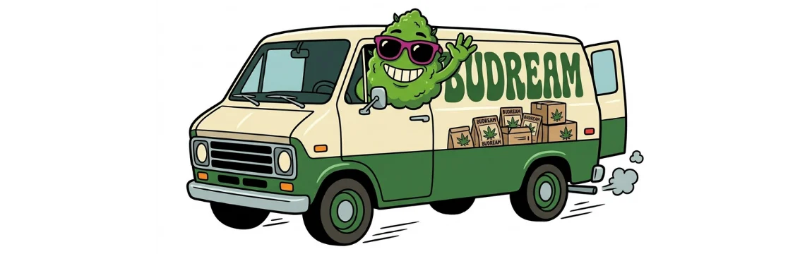 Cartoon cannabis delivery van with a smiling green bud mascot waving from the window and boxes inside.