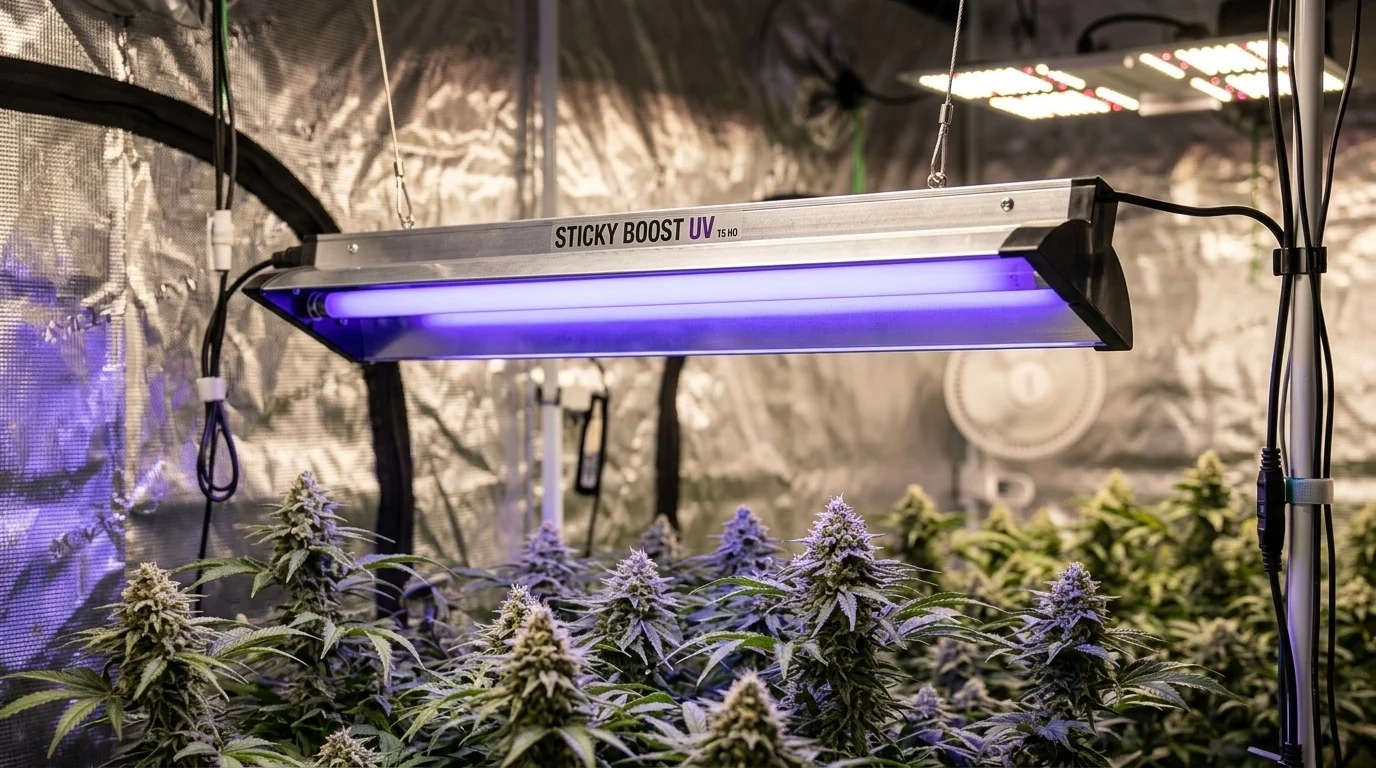 Indoor cannabis grow room with flowering plants under a hanging UV grow light labeled 'Sticky Boost UV'.