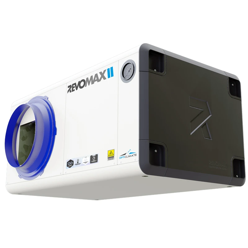 RevoMax II industrial air treatment unit with white housing, blue circular intake, and dark end panel