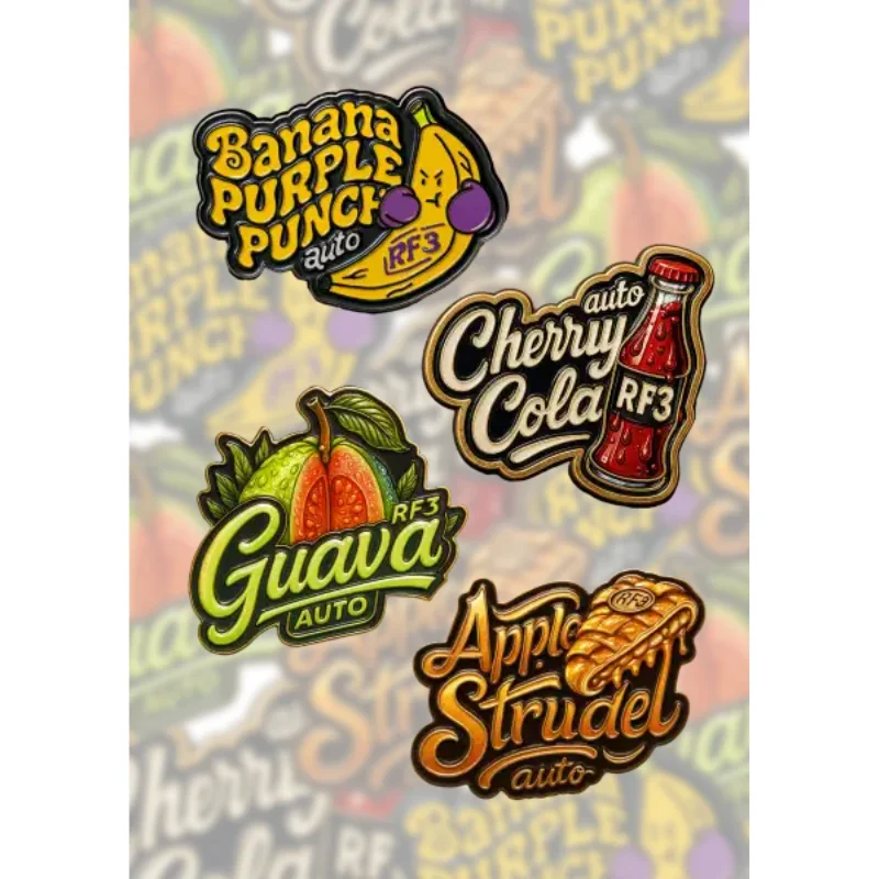 FAST-BUDS-MIX-PACK-AUTO-RF3-FEM_logo.webp Assorted vibrant stickers with flavor names: Banana Purple Punch, Cherry Cola, Guava, and Apple Strudel.