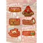 Collage of cannabis strain logos: Purple Lemonade, Sherbet C4, Gorilla Cookies, Wedding Cheesecake, Tropicana Cookies, Orange Sherbet.
