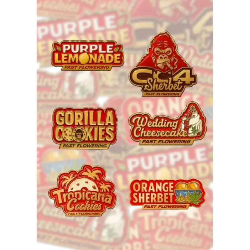 FAST-BUDS-MIX-PACK-FAST-FLOWERING-FEM_logo.webp Collage of cannabis strain logos: Purple Lemonade, Sherbet C4, Gorilla Cookies, Wedding Cheesecake, Tropicana Cookies, Orange Sherbet.
